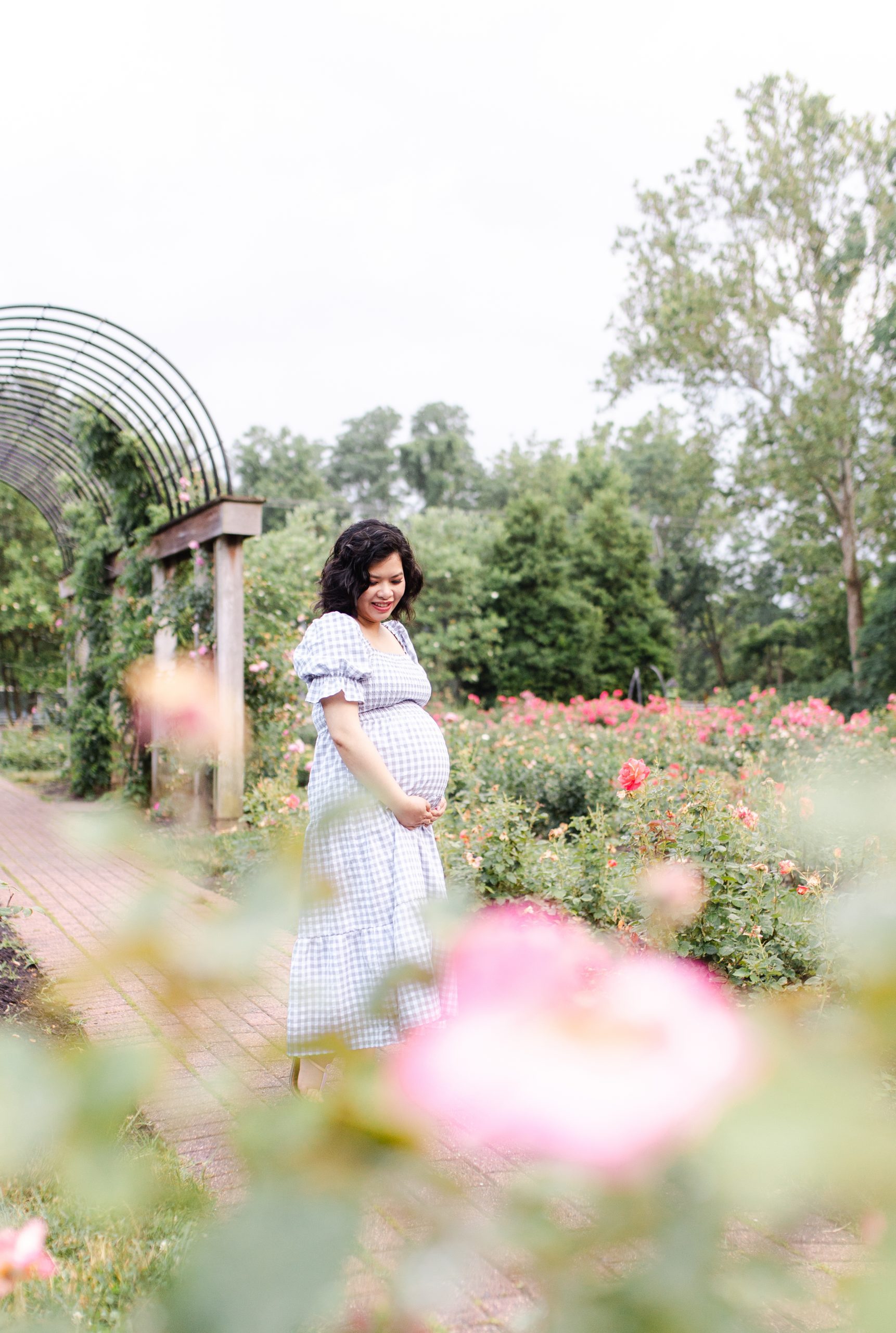 Pregnant mom-to-be posing in rose garden by Northern Virginia Newborn Photographer